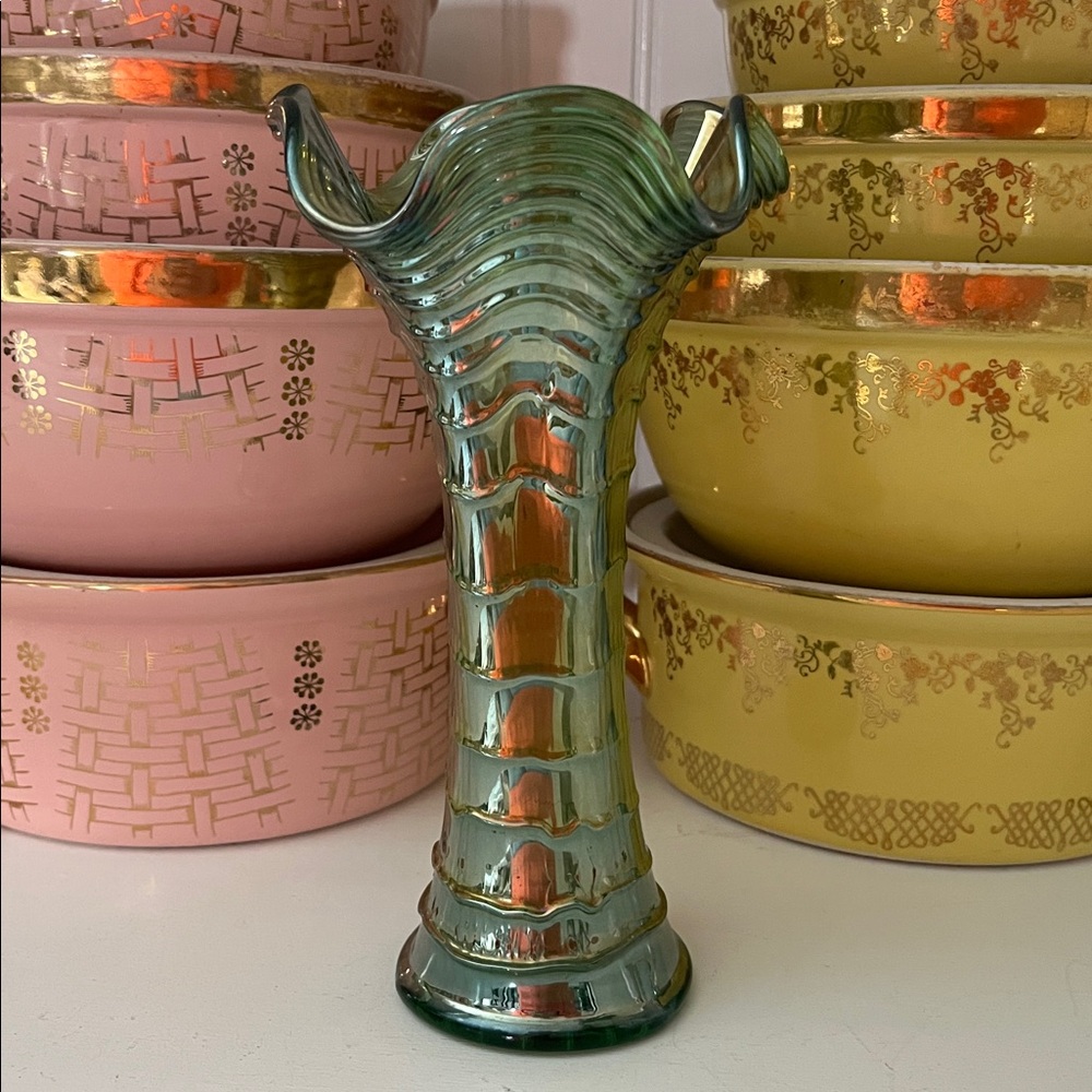 Fenton Carnival Glass Vase Green Iridescent Ruffled Rim Antique Imperial Ripple